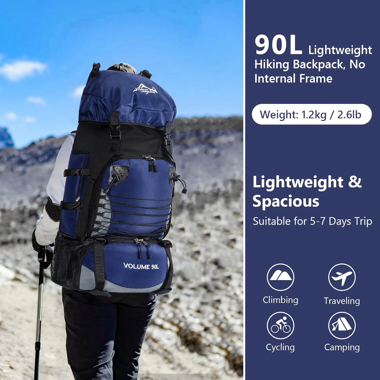 90L Hiking Backpack, Waterproof Camping Bag with Rain Cover, Lightweight Backpacking Back Pack