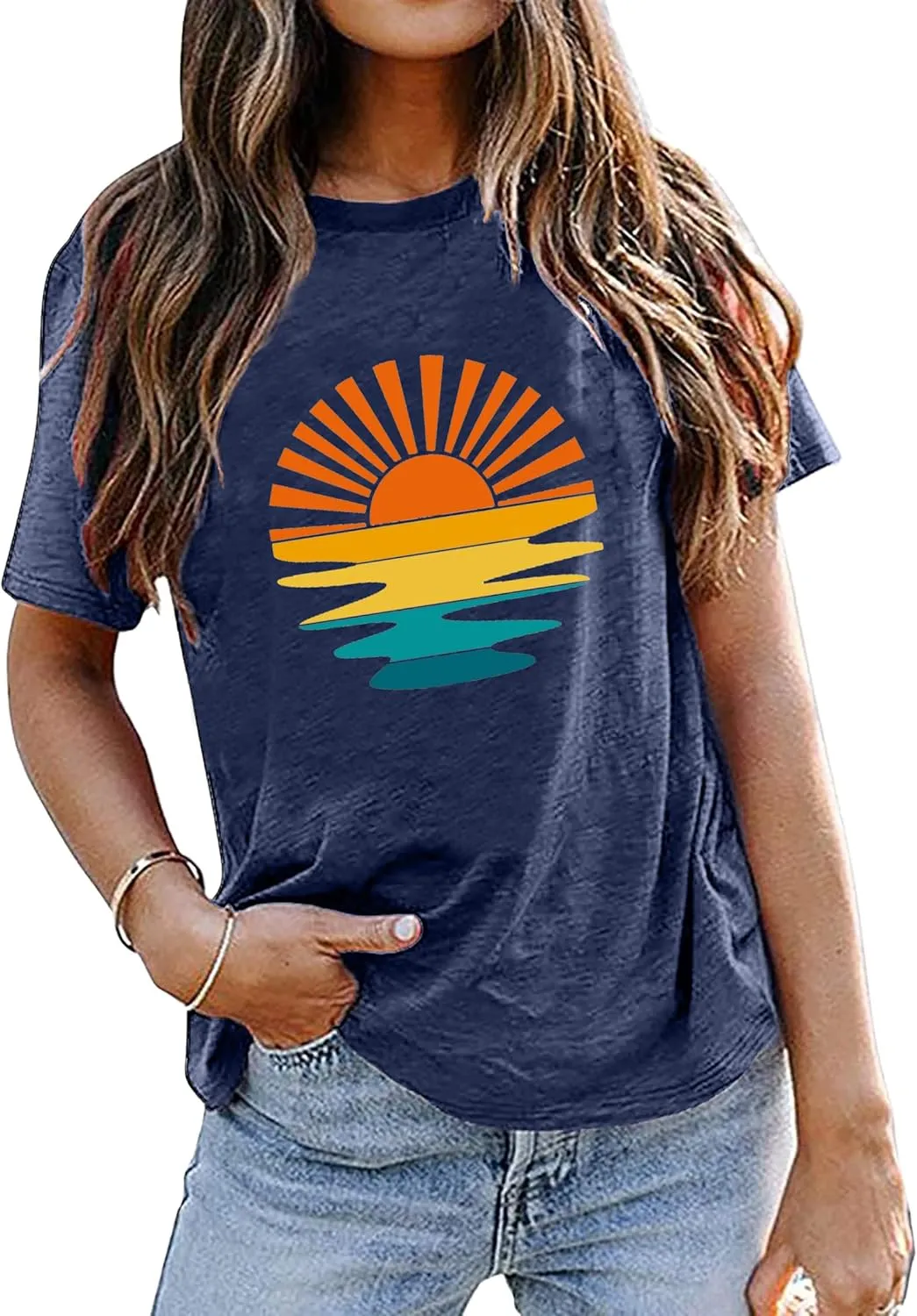 Adventure T-Shirt Women Mountain Hiking Workout Shirts Sunset Sunrise Wavy Camping Outdoor Short Sleeve Tee Tops