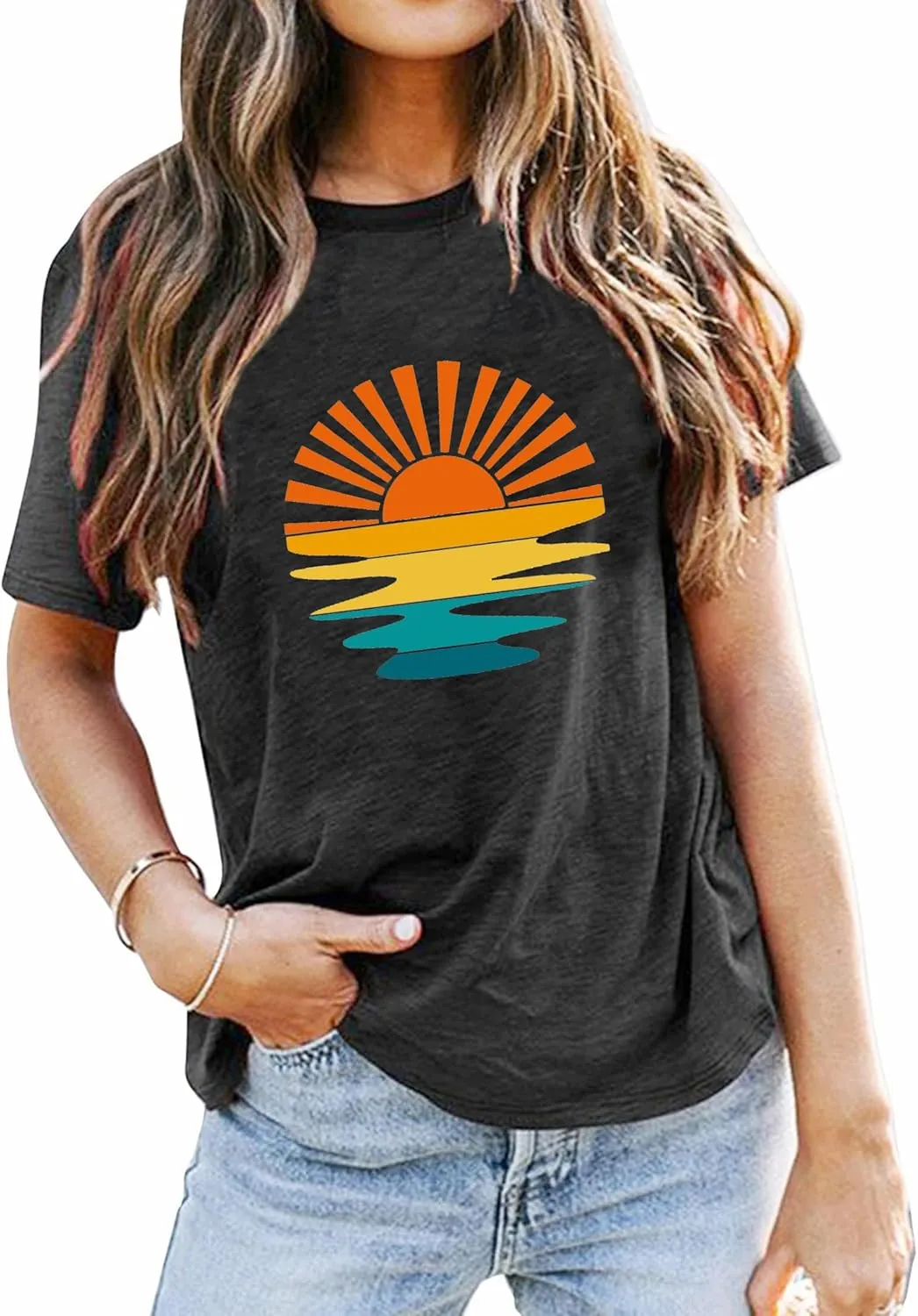 Adventure T-Shirt Women Mountain Hiking Workout Shirts Sunset Sunrise Wavy Camping Outdoor Short Sleeve Tee Tops