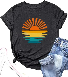 Adventure T-Shirt Women Mountain Hiking Workout Shirts Sunset Sunrise Wavy Camping Outdoor Short Sleeve Tee Tops
