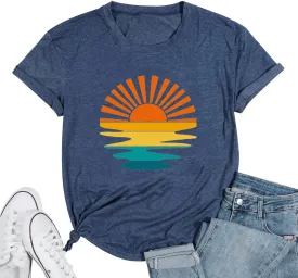 Adventure T-Shirt Women Mountain Hiking Workout Shirts Sunset Sunrise Wavy Camping Outdoor Short Sleeve Tee Tops