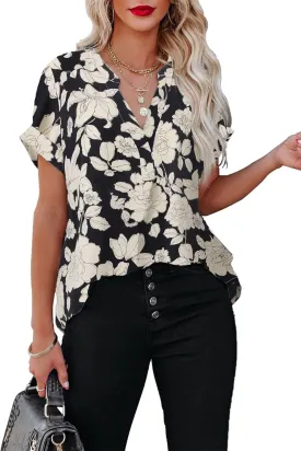 ANCAPELION Womens Summer Chiffon Blouse Casual Short Sleeve V Neck Shirt Loose Printed Cuffed Sleeve Tunic Tops for Women