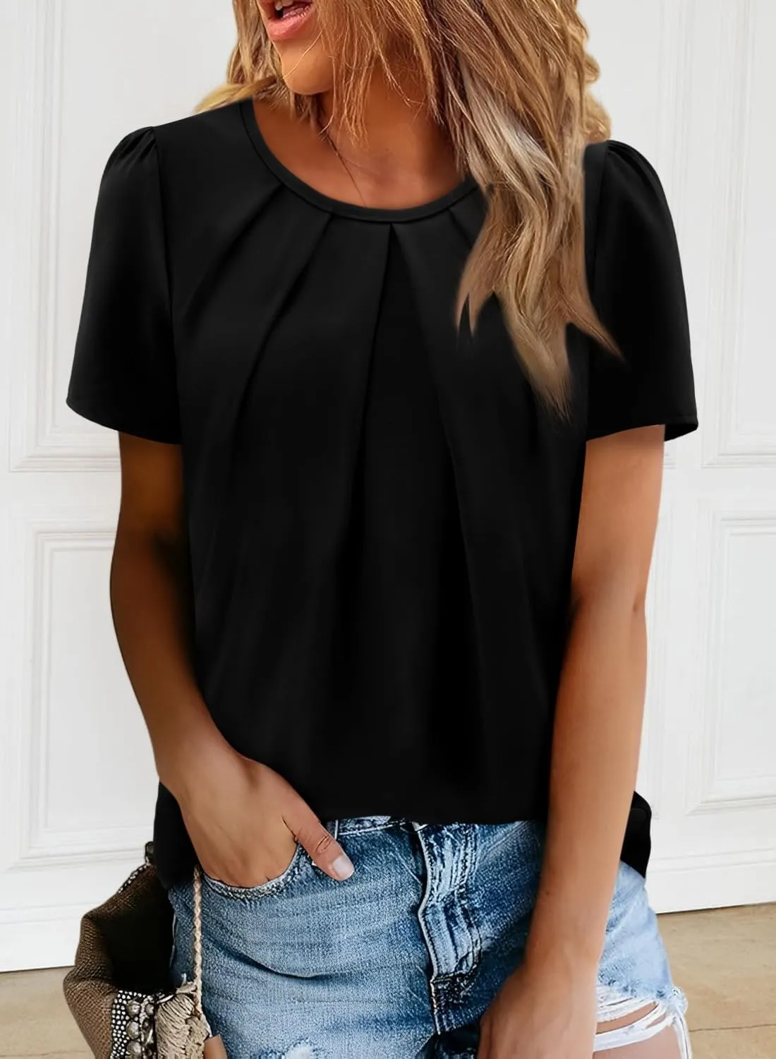 Angerella Womens T Shirts Chiffon Floral Blouses Summer Short Sleeve Trendy Round Crew Neck Casual Business Top