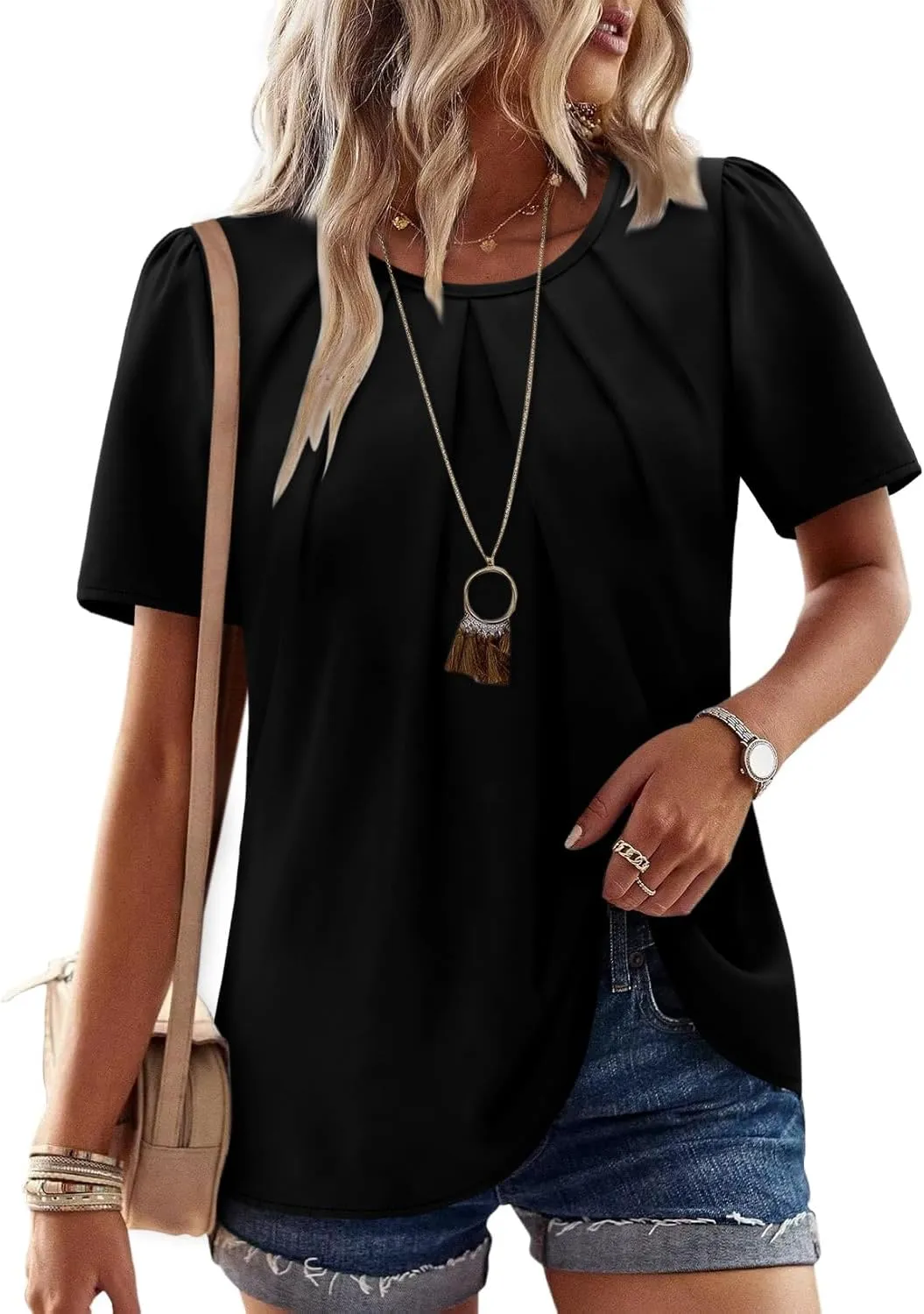 Angerella Womens T Shirts Chiffon Floral Blouses Summer Short Sleeve Trendy Round Crew Neck Casual Business Top