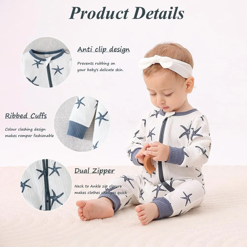 Bafeicao Unisex Baby Boy Girl 2/3 Pack Rompers Long Sleeve 2 Way Zipper One Piece Jumpsuits Clothes Sets