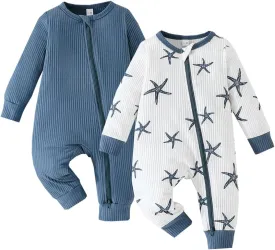 Bafeicao Unisex Baby Boy Girl 2/3 Pack Rompers Long Sleeve 2 Way Zipper One Piece Jumpsuits Clothes Sets