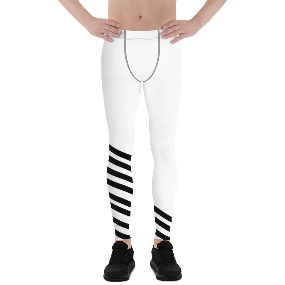 Black Diagonally Striped Meggings, Men's Running Leggings Long Tights-Made in USA/MX/EU