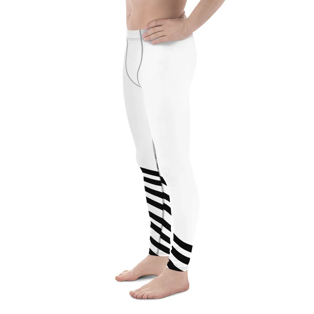 Black Diagonally Striped Meggings, Men's Running Leggings Long Tights-Made in USA/MX/EU