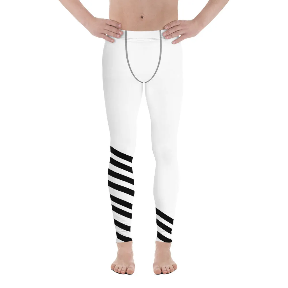 Black Diagonally Striped Meggings, Men's Running Leggings Long Tights-Made in USA/MX/EU
