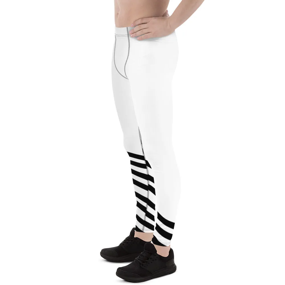 Black Diagonally Striped Meggings, Men's Running Leggings Long Tights-Made in USA/MX/EU