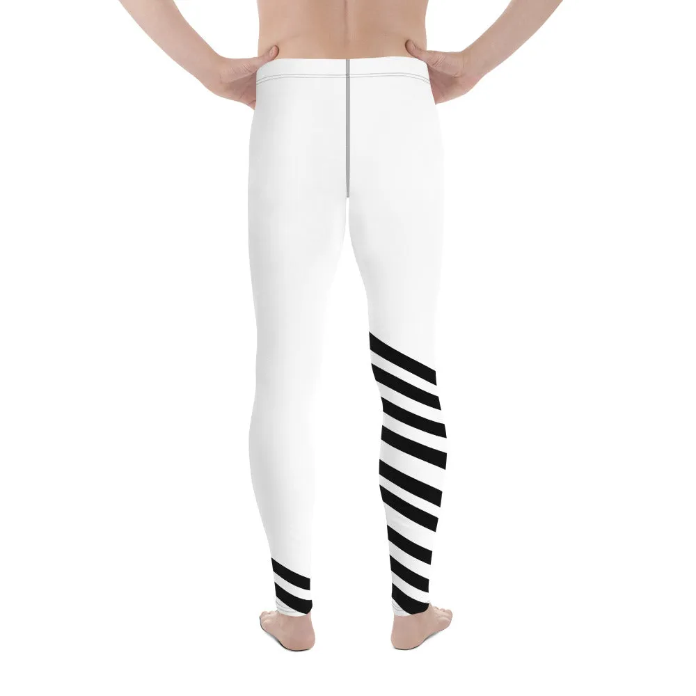 Black Diagonally Striped Meggings, Men's Running Leggings Long Tights-Made in USA/MX/EU