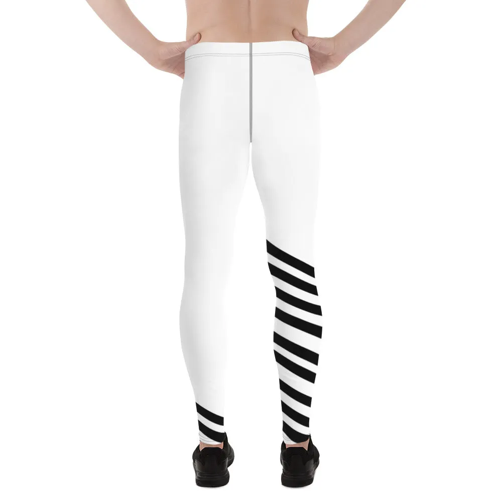 Black Diagonally Striped Meggings, Men's Running Leggings Long Tights-Made in USA/MX/EU