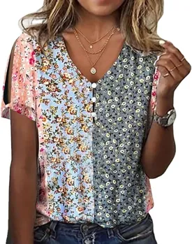 Boho Tops for Women Hippie Floral Shirts 2025 Cold Shoulder Short Sleeve V Neck Button Down Fashion T Shirts Blouse