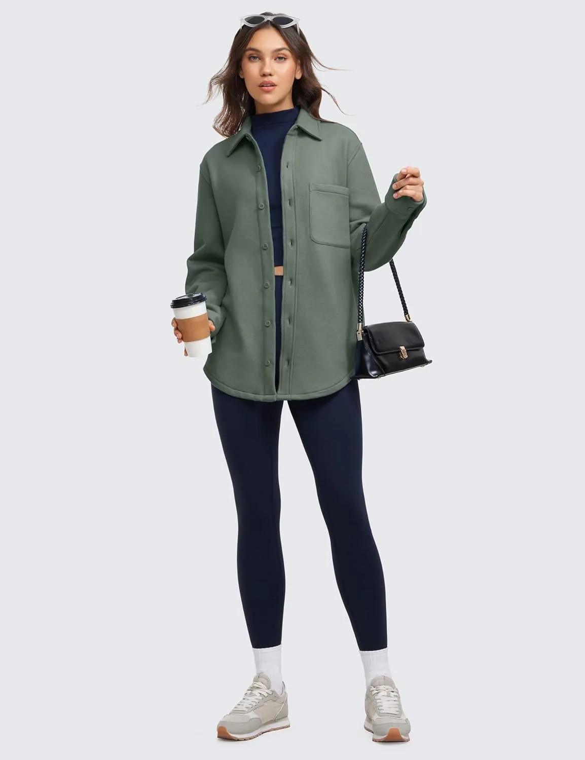 CRZ YOGA Womens Fleece Shacket Jackets Fall Warm Casual Long Sleeve Button Down Shirts with Pocket