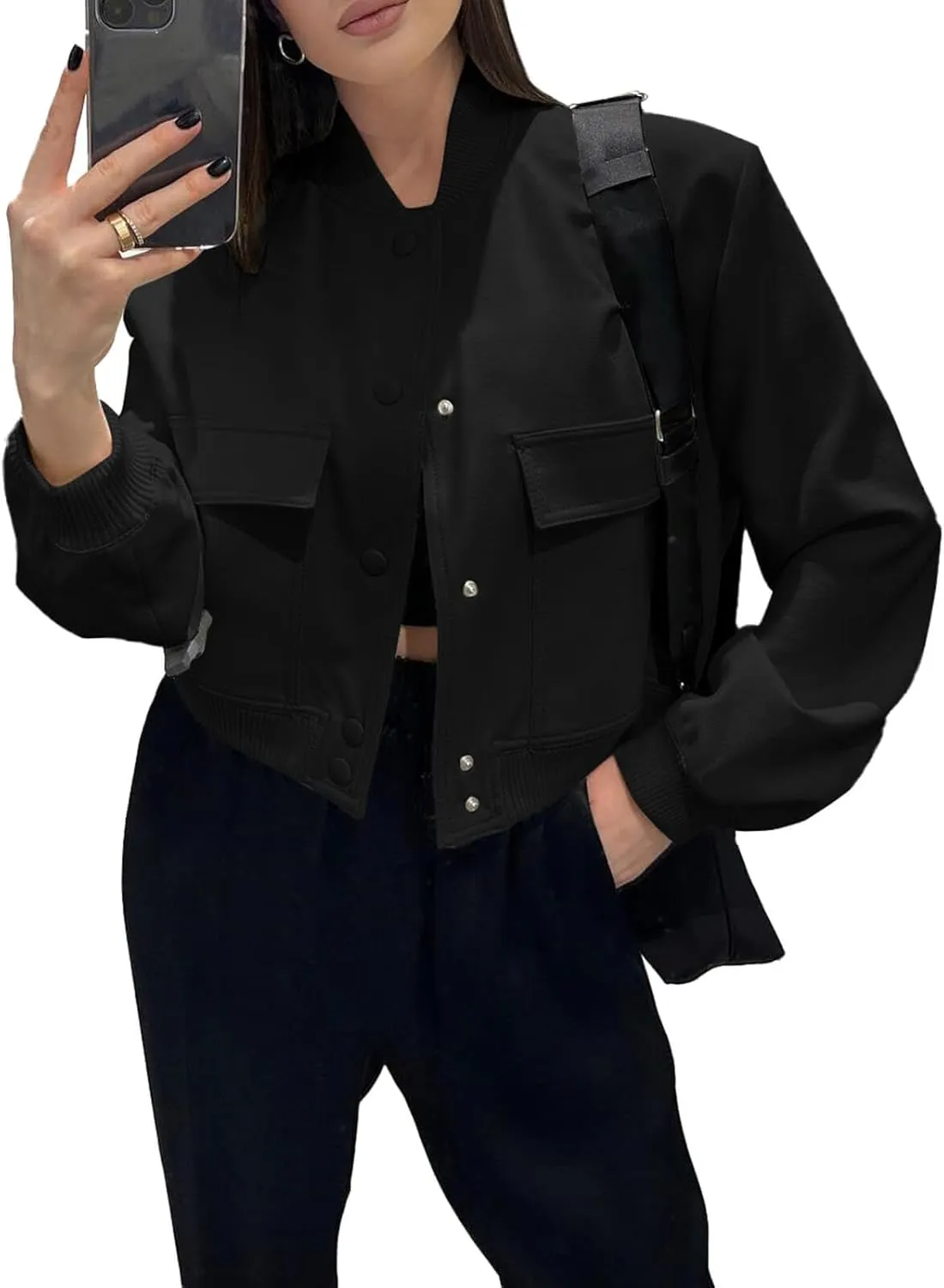 Fisoew Womens Cropped Bomber Jackets Casual Button Down Long Sleeve Stand Collar Coats with Pockets