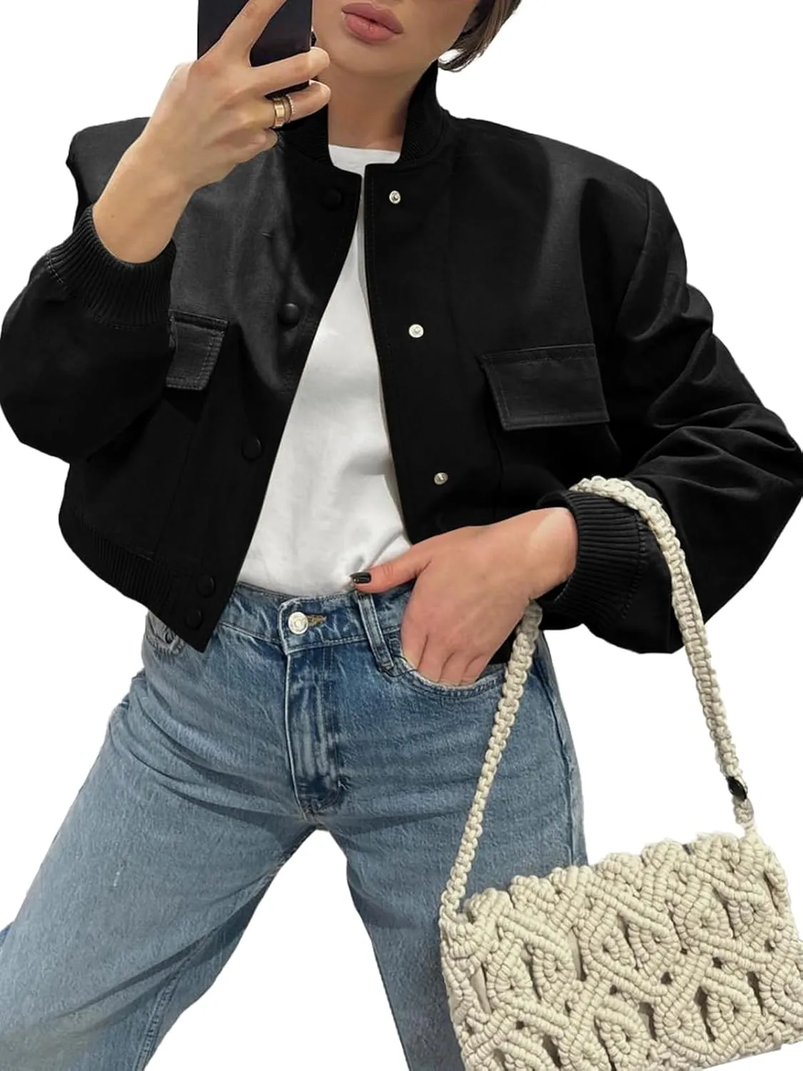 Fisoew Womens Cropped Bomber Jackets Casual Button Down Long Sleeve Stand Collar Coats with Pockets
