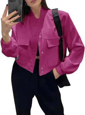 Fisoew Womens Cropped Bomber Jackets Casual Button Down Long Sleeve Stand Collar Coats with Pockets