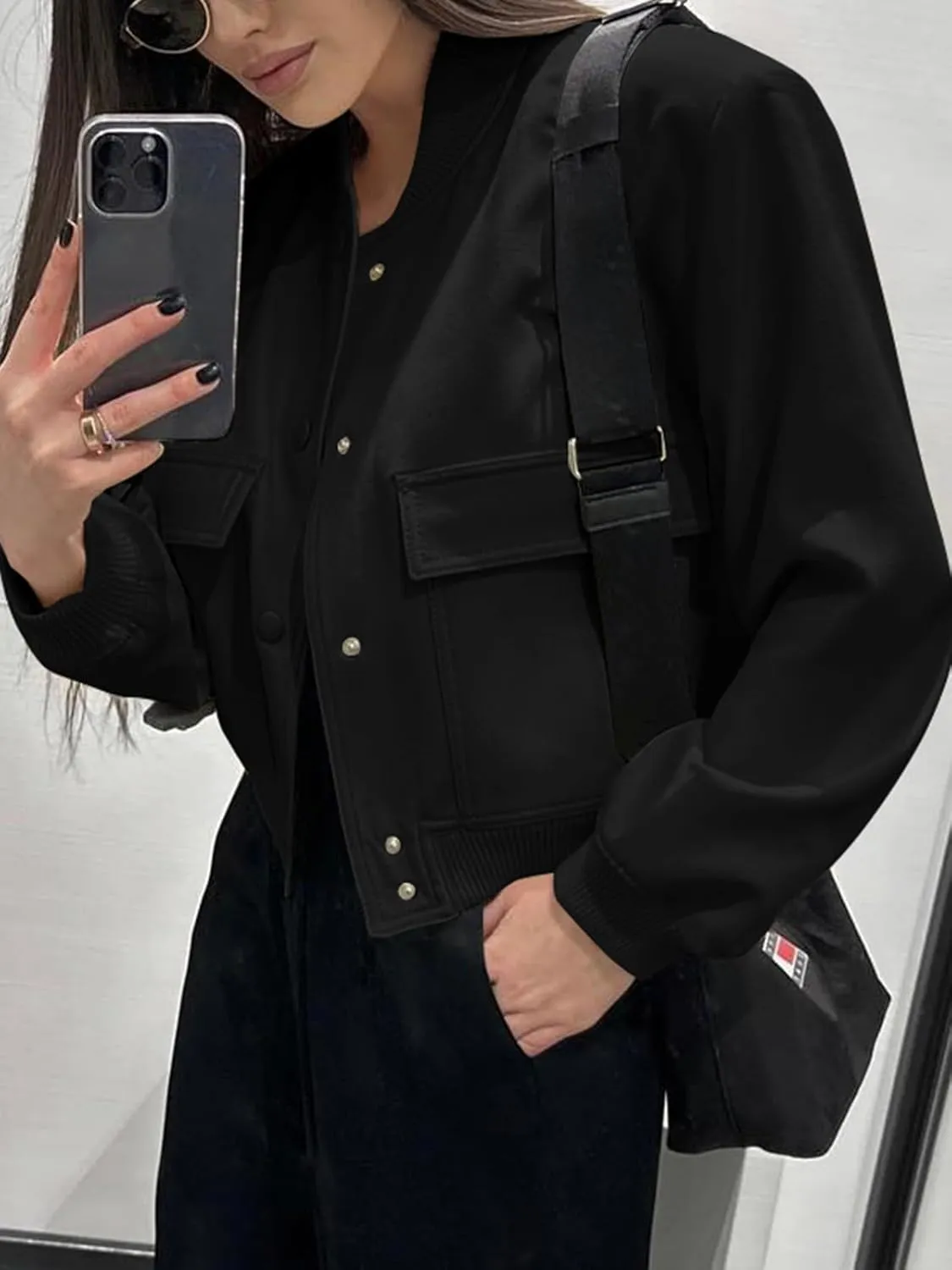 Fisoew Womens Cropped Bomber Jackets Casual Button Down Long Sleeve Stand Collar Coats with Pockets