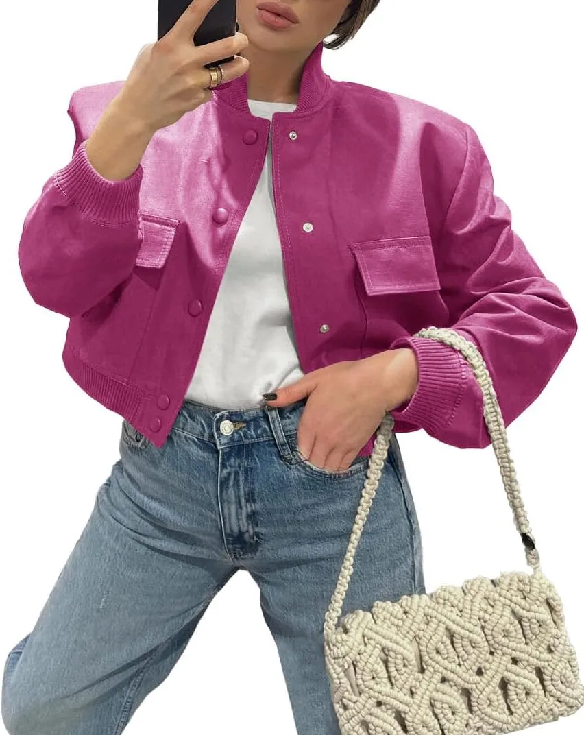 Fisoew Womens Cropped Bomber Jackets Casual Button Down Long Sleeve Stand Collar Coats with Pockets