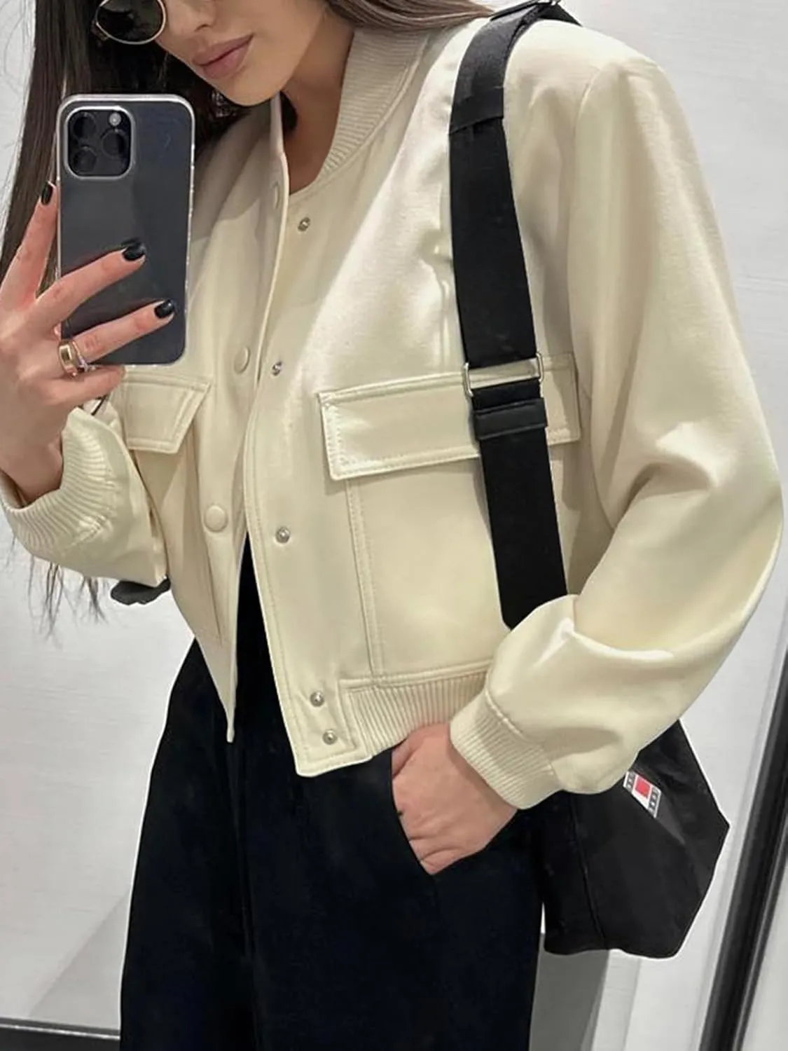Fisoew Womens Cropped Bomber Jackets Casual Button Down Long Sleeve Stand Collar Coats with Pockets
