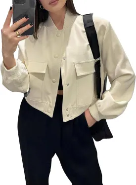 Fisoew Womens Cropped Bomber Jackets Casual Button Down Long Sleeve Stand Collar Coats with Pockets