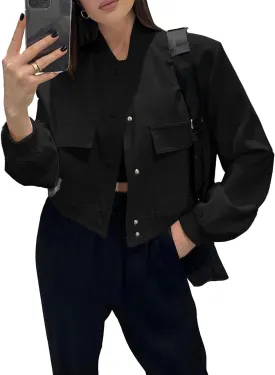Fisoew Womens Cropped Bomber Jackets Casual Button Down Long Sleeve Stand Collar Coats with Pockets