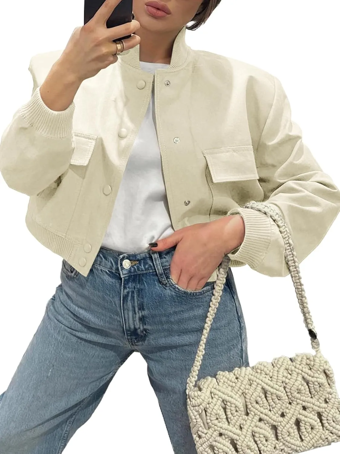 Fisoew Womens Cropped Bomber Jackets Casual Button Down Long Sleeve Stand Collar Coats with Pockets