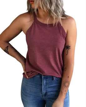 KINLONSAIR Women's Summer Sleeveless Halter Tee Shirts Crew Neck Workout Tank Tops Casual Plain Cami Shirts