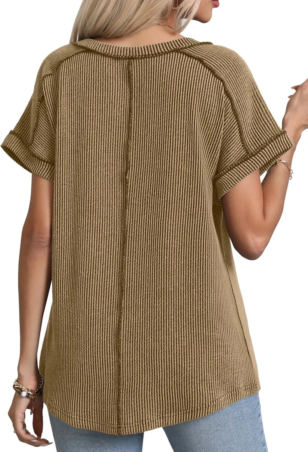 levaca Womens Summer Tops V Neck Cap Short Sleeve Ribbed Tshirts Business Casual Loose Fit Basic Tees Trendy Tunics Clothes