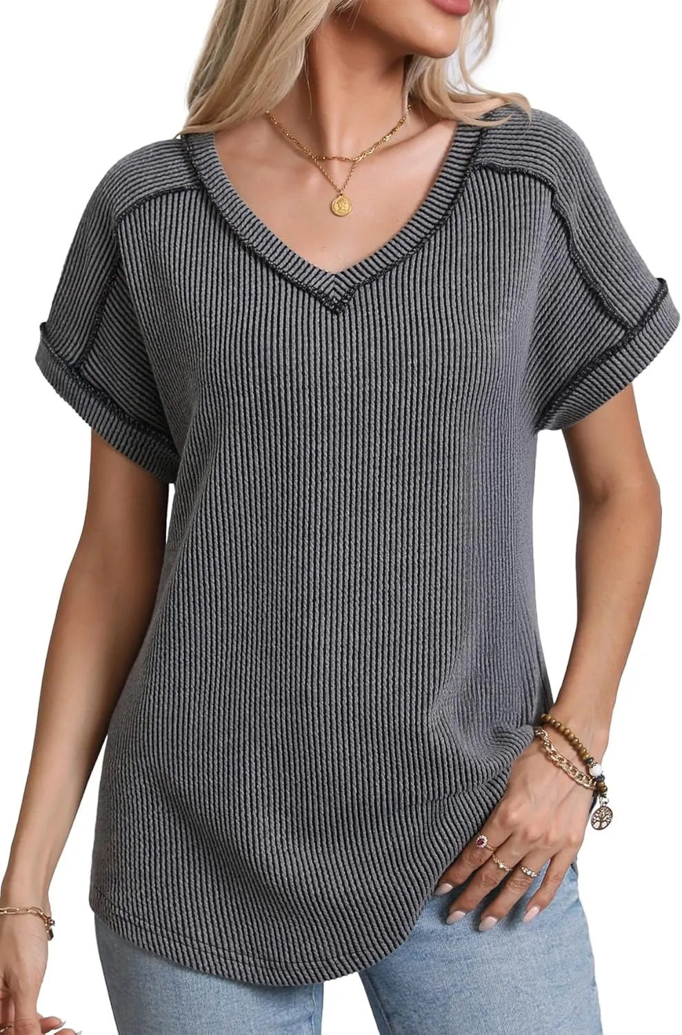 levaca Womens Summer Tops V Neck Cap Short Sleeve Ribbed Tshirts Business Casual Loose Fit Basic Tees Trendy Tunics Clothes