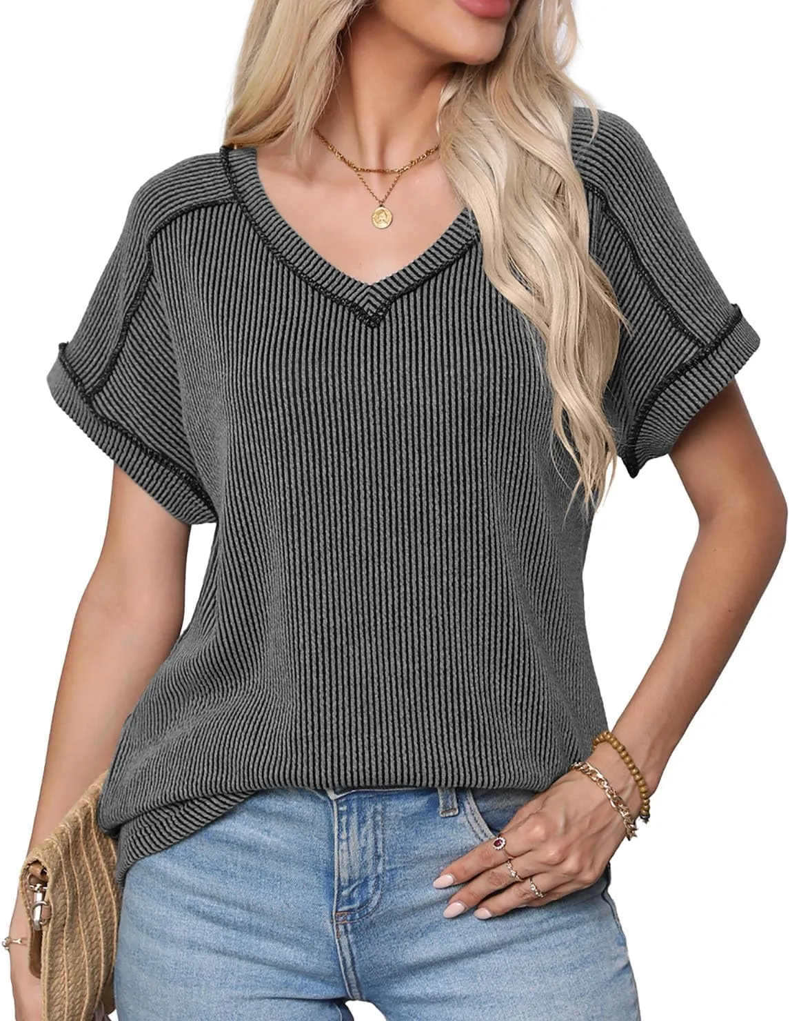 levaca Womens Summer Tops V Neck Cap Short Sleeve Ribbed Tshirts Business Casual Loose Fit Basic Tees Trendy Tunics Clothes