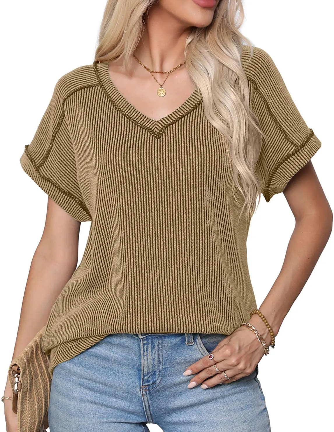 levaca Womens Summer Tops V Neck Cap Short Sleeve Ribbed Tshirts Business Casual Loose Fit Basic Tees Trendy Tunics Clothes