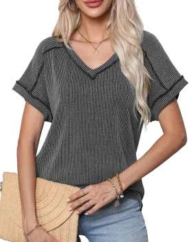levaca Womens Summer Tops V Neck Cap Short Sleeve Ribbed Tshirts Business Casual Loose Fit Basic Tees Trendy Tunics Clothes