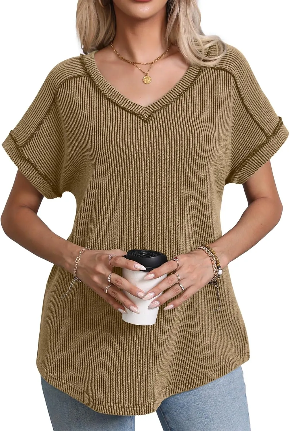 levaca Womens Summer Tops V Neck Cap Short Sleeve Ribbed Tshirts Business Casual Loose Fit Basic Tees Trendy Tunics Clothes