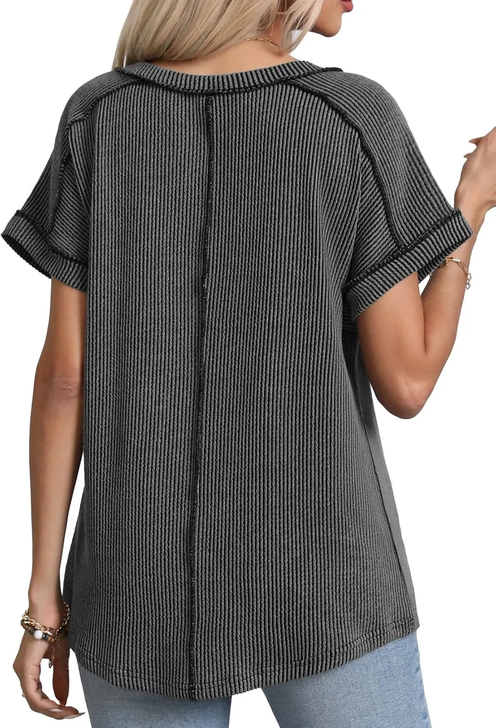 levaca Womens Summer Tops V Neck Cap Short Sleeve Ribbed Tshirts Business Casual Loose Fit Basic Tees Trendy Tunics Clothes