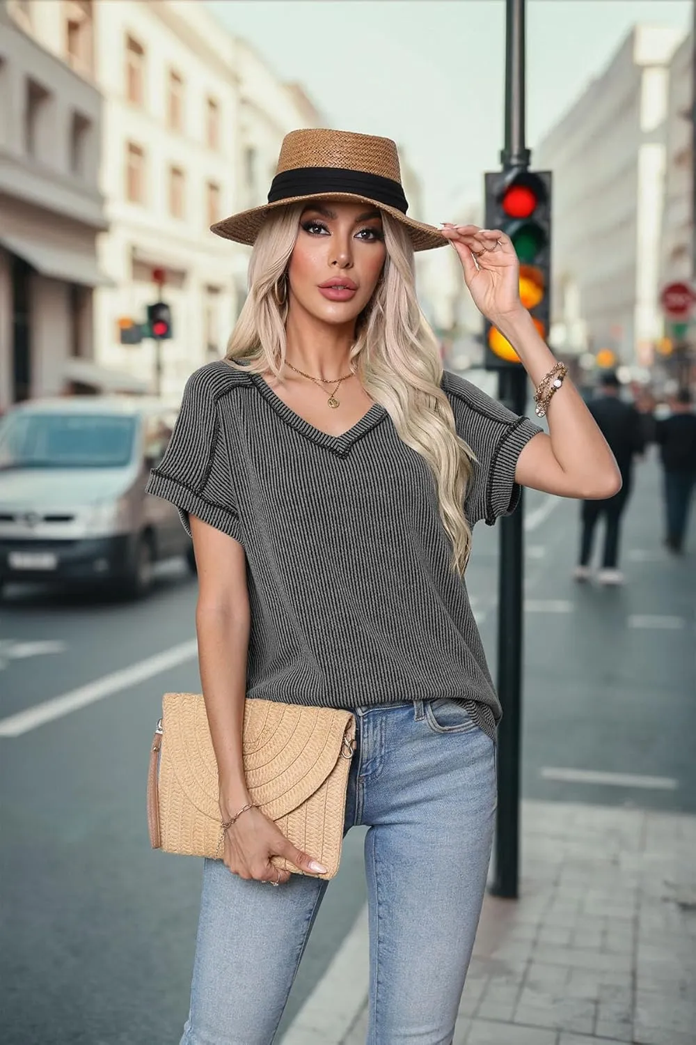 levaca Womens Summer Tops V Neck Cap Short Sleeve Ribbed Tshirts Business Casual Loose Fit Basic Tees Trendy Tunics Clothes