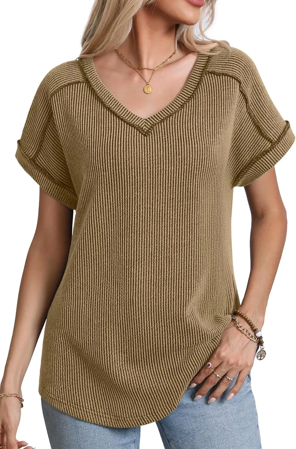 levaca Womens Summer Tops V Neck Cap Short Sleeve Ribbed Tshirts Business Casual Loose Fit Basic Tees Trendy Tunics Clothes