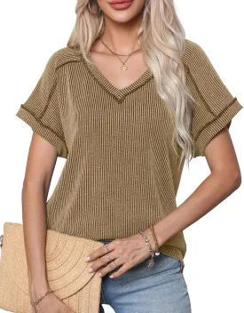 levaca Womens Summer Tops V Neck Cap Short Sleeve Ribbed Tshirts Business Casual Loose Fit Basic Tees Trendy Tunics Clothes