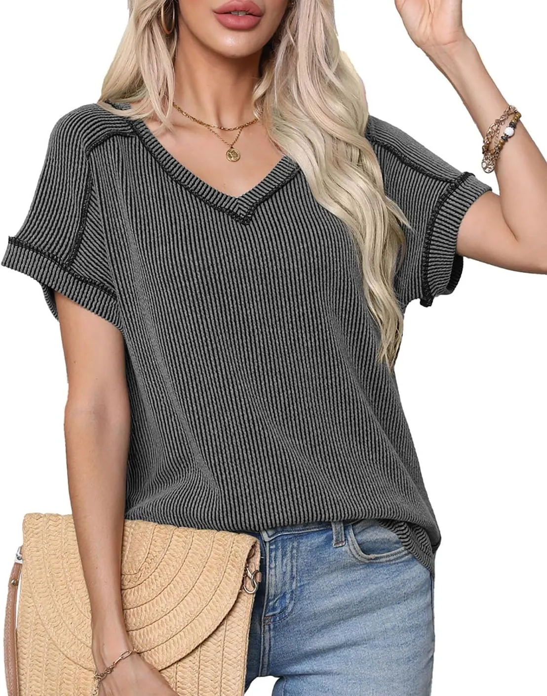 levaca Womens Summer Tops V Neck Cap Short Sleeve Ribbed Tshirts Business Casual Loose Fit Basic Tees Trendy Tunics Clothes