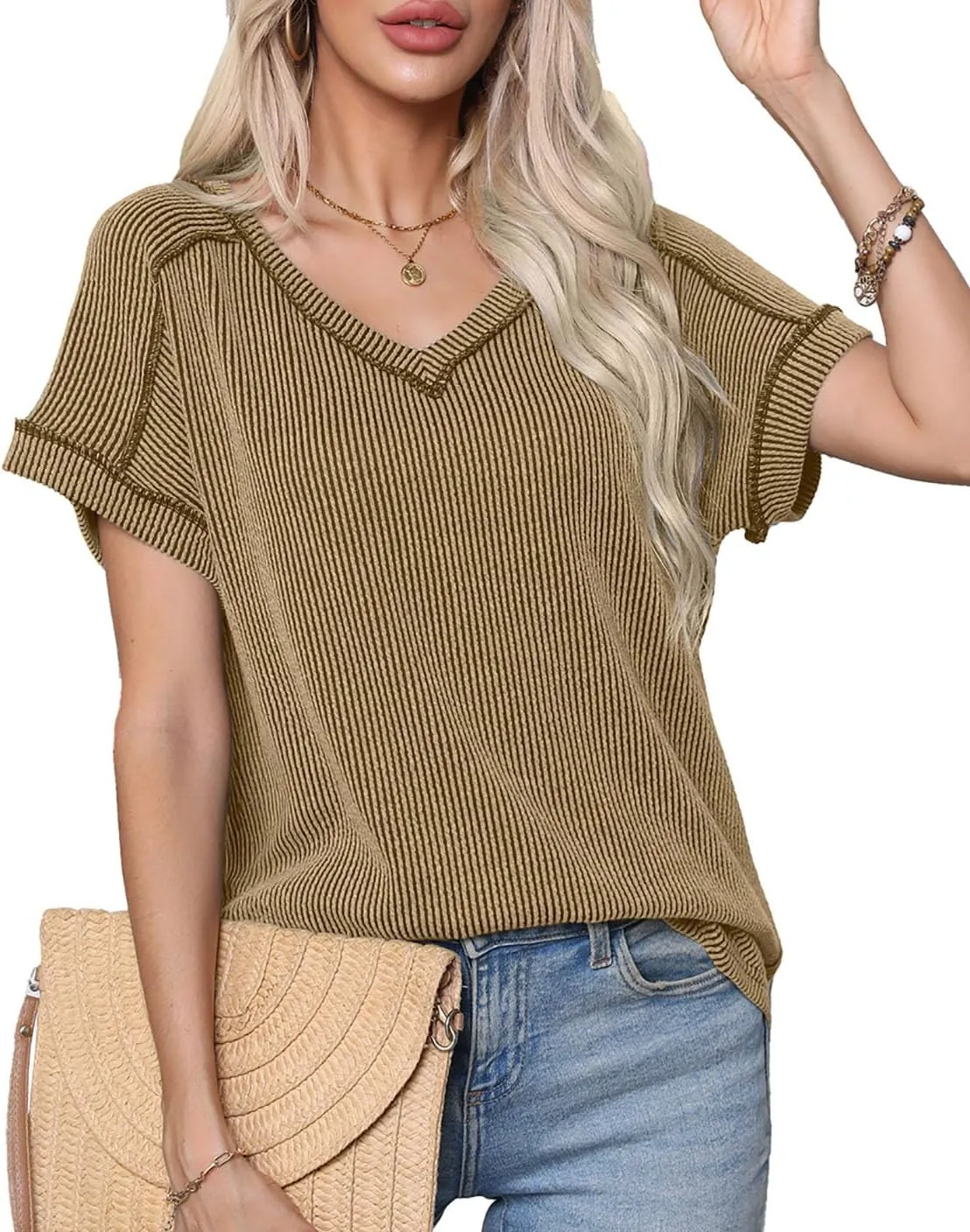 levaca Womens Summer Tops V Neck Cap Short Sleeve Ribbed Tshirts Business Casual Loose Fit Basic Tees Trendy Tunics Clothes