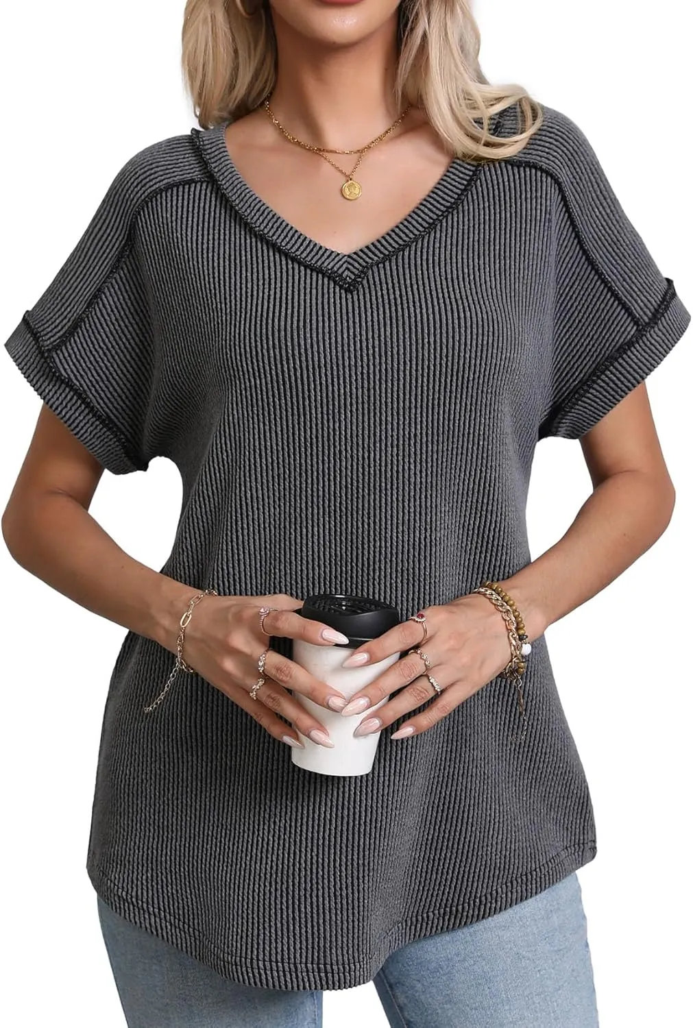 levaca Womens Summer Tops V Neck Cap Short Sleeve Ribbed Tshirts Business Casual Loose Fit Basic Tees Trendy Tunics Clothes