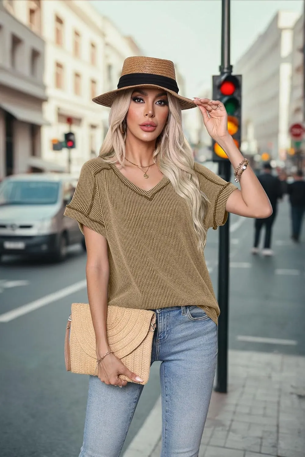 levaca Womens Summer Tops V Neck Cap Short Sleeve Ribbed Tshirts Business Casual Loose Fit Basic Tees Trendy Tunics Clothes