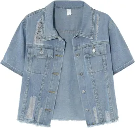 Locachy Women's Summer Short Sleeve Denim Jacket Casual Lapel Button Down Cropped Trucker Jean Jackets Coats