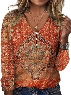 Long Sleeve Shirts for Women Dressy Casual Boho Floral Printed Tunic Tops V Neck Button Up Top 2024