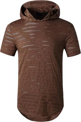 Maiyifu-GJ Mens Athletic Casual Longline Hipster T Shirt Hipster Hip Hop Hoodie Tee Solid Color Ripped Pullover Short Sleeve