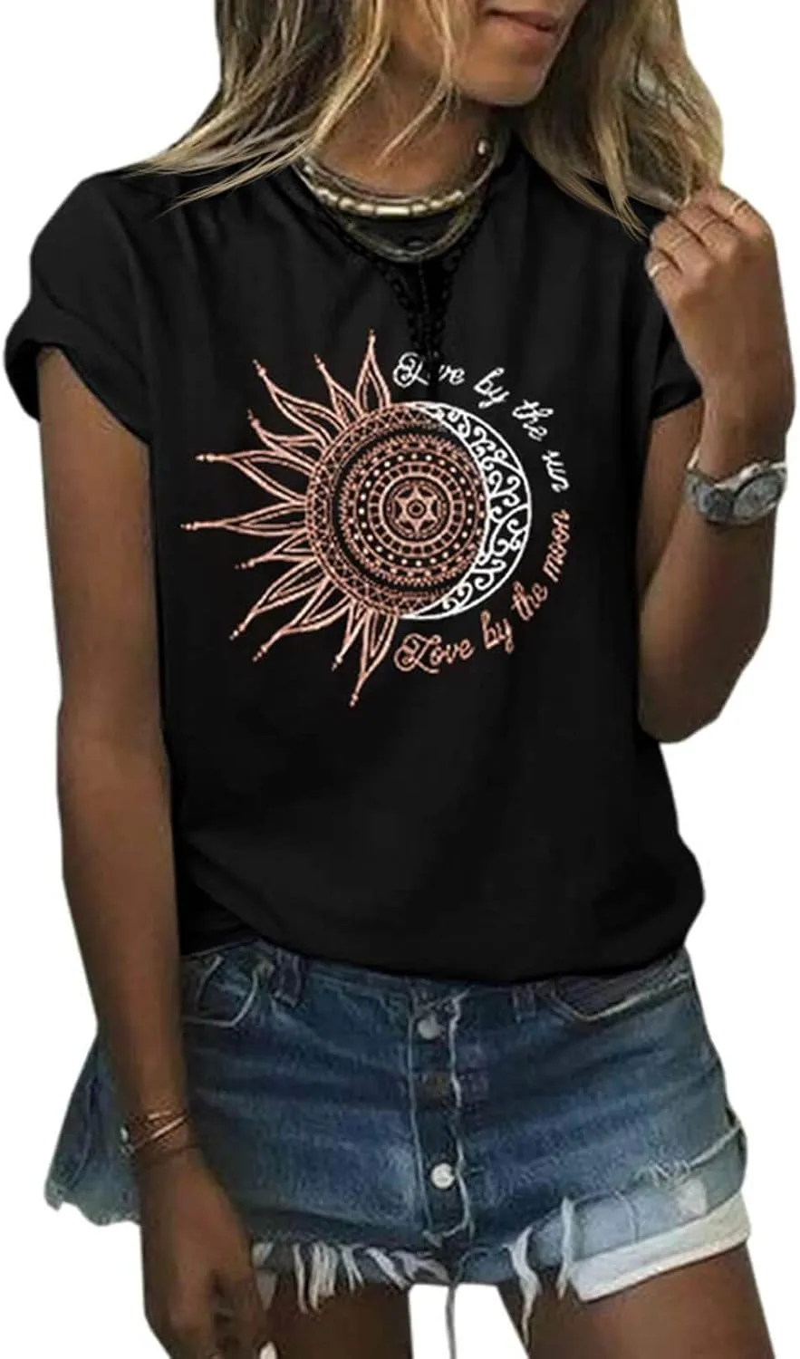 MaQiYa Womens Graphic Tees Summer Vintage Short Sleeve Cotton Moon and Sun Printed T Shirts Tops