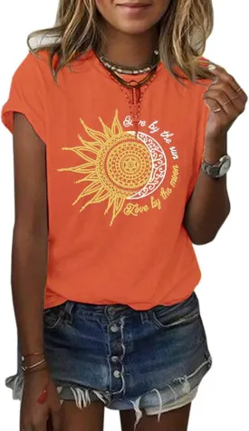 MaQiYa Womens Graphic Tees Summer Vintage Short Sleeve Cotton Moon and Sun Printed T Shirts Tops