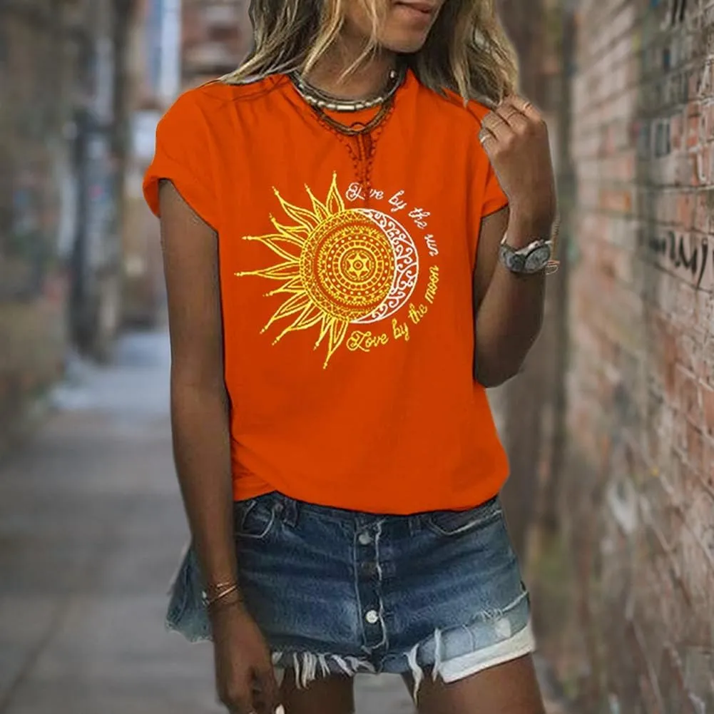 MaQiYa Womens Graphic Tees Summer Vintage Short Sleeve Cotton Moon and Sun Printed T Shirts Tops