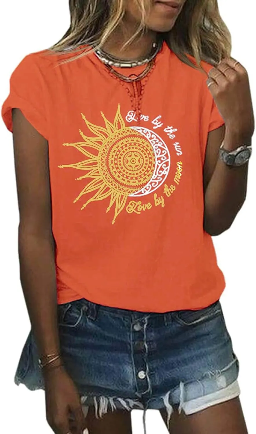 MaQiYa Womens Graphic Tees Summer Vintage Short Sleeve Cotton Moon and Sun Printed T Shirts Tops