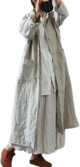 NFYM Women Vintage Cotton Linen Trench Coats Button Stand Solid Color Long Sleeve Pockets Long Jackets